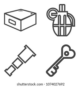 Premium outline set containing science, hand, danger, telescope, security, sky, armed, bomb, safe, cabinet, house icons. Simple, modern flat vector illustration for mobile app, website or desktop app
