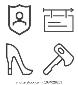 Premium outline set containing shield, saw, construction, shoe, protection, security, promotion, heel, female, web icons. Simple, modern flat vector illustration for mobile app, website or desktop app