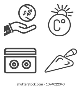 Premium outline set containing shovel, equipment, celsius, weather, hot, earn, fahrenheit, hammer, cash, currency icons. Simple, modern flat vector illustration for mobile app, website or desktop app