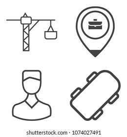 Premium outline set containing skateboard, job, face, tool, drill, construction, youth, equipment, sport, industry icons. Simple, modern flat vector illustration for mobile app, website or desktop app
