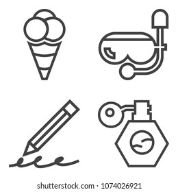 Premium outline set containing snorkeling, liquid, equipment, leisure, sweet, scoop, travel, cosmetic, pen, sport icons. Simple, modern flat vector illustration for mobile app, website or desktop app