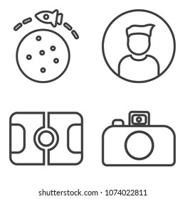 Premium outline set containing social, profile, galaxy, people, photo, competition, lens, game, sport, field, goal icons. Simple, modern flat vector illustration for mobile app, website or desktop app