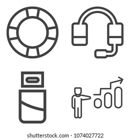 Premium outline set containing sound, development, headset, swim, equipment, network, usb, inflatable, growth, man icons. Simple, modern flat vector illustration for mobile app, website or desktop app