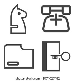 Premium outline set containing strategy, web, knight, black, piece, internet, game, evacuation, phone, emergency icons. Simple, modern flat vector illustration for mobile app, website or desktop app
