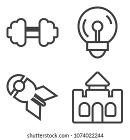 Premium outline set containing strength, fit, destruction, tower, active, old, fitness, electricity, idea, falling icons. Simple, modern flat vector illustration for mobile app, website or desktop app