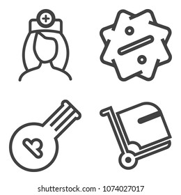 Premium outline set containing string, tag, medical, nurse, tourism, airport, special, price, hospital, person icons. Simple, modern flat vector illustration for mobile app, website or desktop app