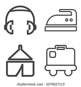Premium outline set containing suitcase, listen, forest, camp, housekeeping, speaker, earphone, volume, mountain icons. Simple, modern flat vector illustration for mobile app, website or desktop app