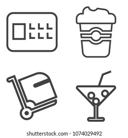 Premium outline set containing terminal, luggage, cold, caffeine, baggage, latte, airport, beverage, black, system icons. Simple, modern flat vector illustration for mobile app, website or desktop app