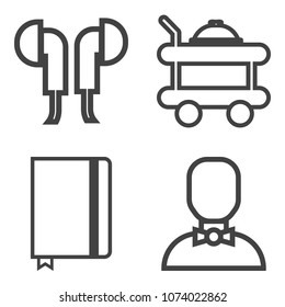 Premium outline set containing textbook, entertainment, stereo, profile, coffee, headphones, food, beverage, note icons. Simple, modern flat vector illustration for mobile app, website or desktop app
