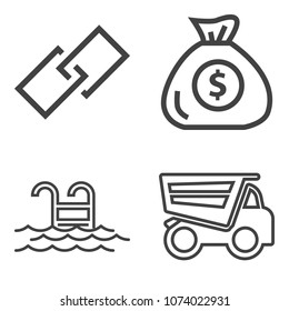 Premium outline set containing tipper, bank, app, cash, relax, sign, leisure, dump, car, water, vacation, banking icons. Simple, modern flat vector illustration for mobile app, website or desktop app