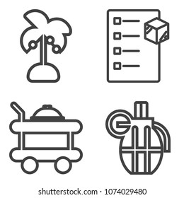 Premium outline set containing tray, tree, delivery, palm, war, package, service, beach, tropical, natural, bomb icons. Simple, modern flat vector illustration for mobile app, website or desktop app