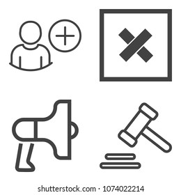 Premium outline set containing user, avatar, human, audio, manager, sound, graphic, courthouse, message, add, door icons. Simple, modern flat vector illustration for mobile app, website or desktop app