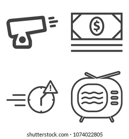 Premium outline set containing video, currency, man, bank, deadline, finance, woman, office, army, dollar, old, tv icons. Simple, modern flat vector illustration for mobile app, website or desktop app