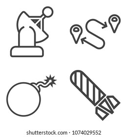 Premium outline set containing weapon, marker, explosive, flame, system, world, wireless, explode, science, smoke icons. Simple, modern flat vector illustration for mobile app, website or desktop app
