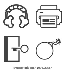 Premium outline set containing web, explosive, music, safety, military, print, security, sign, computer, nuclear icons. Simple, modern flat vector illustration for mobile app, website or desktop app