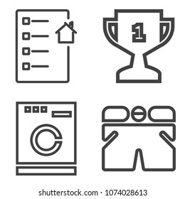 Premium outline set containing win, paper, shorts, office, machine, achievement, document, household, washer, wear icons. Simple, modern flat vector illustration for mobile app, website or desktop app