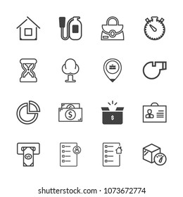 Premium outline set of icons containing contract, cash, fire, cardboard, money, presentation, architecture, safety, atm. Simple, modern flat vector illustration for mobile app, website or desktop app