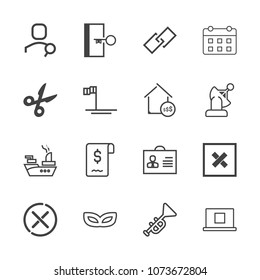 Premium outline set of icons containing ocean, stop, ship, woman, female, carnival, baja, musical, door, hyperlink, tool. Simple, modern flat vector illustration for mobile app, website or desktop app