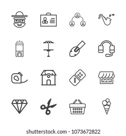 Premium outline set of icons containing jewelry, home, trumpet, company, row, happy, diamond, architecture, cartoon, gem. Simple, modern flat vector illustration for mobile app, website or desktop app