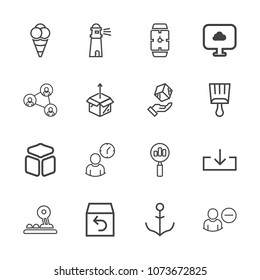 Premium outline set of icons containing cream, download, arrow, dessert, rudder, watch, button, find, time, work, ship. Simple, modern flat vector illustration for mobile app, website or desktop app
