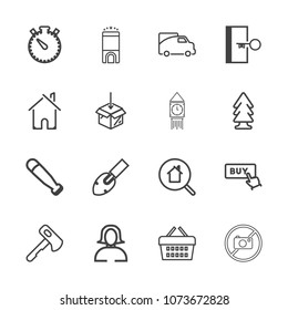Premium outline set of icons containing transport, business, online, forbidden, lady, van, estate, transportation, store. Simple, modern flat vector illustration for mobile app, website or desktop app
