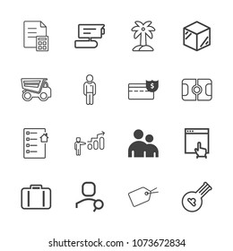 Premium outline set of icons containing document, business, view, growth, search, banking, computer, palm, summer, money. Simple, modern flat vector illustration for mobile app, website or desktop app