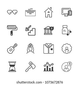 Premium outline set of icons containing guitar, shirt, care, sunglasses, account, doctor, time, tool, tshirt, home, hour. Simple, modern flat vector illustration for mobile app, website or desktop app