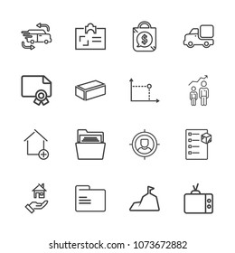Premium outline set of icons containing apartment, rent, certificate, folder, car, new, delivery, property, sale, id, tv. Simple, modern flat vector illustration for mobile app, website or desktop app