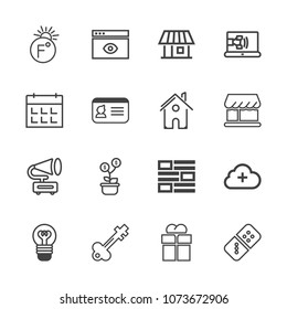 Premium outline set of icons containing news, electricity, business, browser, house, giftbox, game, gift, money, cloud. Simple, modern flat vector illustration for mobile app, website or desktop app