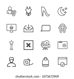Premium outline set of icons containing male, estate, closed, woman, insulating, file, video, tape, sign, house, bikini. Simple, modern flat vector illustration for mobile app, website or desktop app