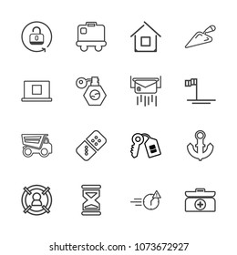 Premium outline set of icons containing aid, security, box, row, key, white, dump, marketing, nautical, emergency, home. Simple, modern flat vector illustration for mobile app, website or desktop app