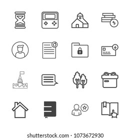 Premium outline set of icons containing open, holiday, ribbon, telephone, button, click, paper, tower, bank, notebook. Simple, modern flat vector illustration for mobile app, website or desktop app