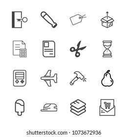 Premium outline set of icons containing exit, construction, tag, button, fresh, plane, airplane, wood, business, cream. Simple, modern flat vector illustration for mobile app, website or desktop app