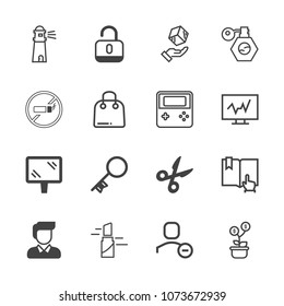 Premium outline set of icons containing street, protection, lipstick, red, light, investment, unlock, ocean, beauty, man. Simple, modern flat vector illustration for mobile app, website or desktop app