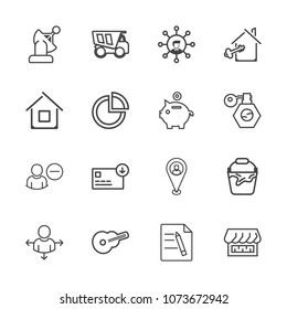 Premium outline set of icons containing dump, property, shop, business, vehicle, finance, space, direction, earth, file. Simple, modern flat vector illustration for mobile app, website or desktop app