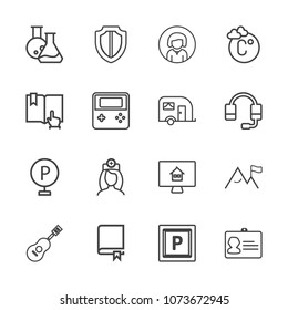 Premium outline set of icons containing shield, laboratory, house, protect, tool, identification, document, lot, online. Simple, modern flat vector illustration for mobile app, website or desktop app
