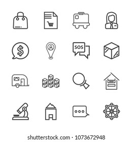 Premium outline set of icons containing microscope, ship, find, bag, airport, sign, industrial, warehouse, distribution. Simple, modern flat vector illustration for mobile app, website or desktop app