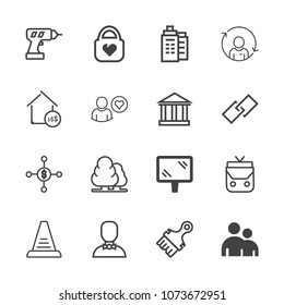 Premium outline set of icons containing road, dollar, leather, business, man, machine, profile, bag, quality, street, up. Simple, modern flat vector illustration for mobile app, website or desktop app