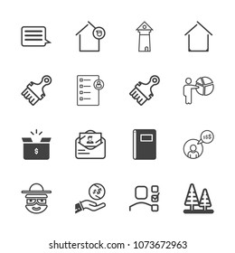 Premium outline set of icons containing europe, sign, pack, paper, home, book, owner, envelope, dollar, task, happy, box. Simple, modern flat vector illustration for mobile app, website or desktop app