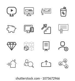 Premium outline set of icons containing media, estate, jewelry, people, cardboard, home, drink, summer, relocation, gem. Simple, modern flat vector illustration for mobile app, website or desktop app