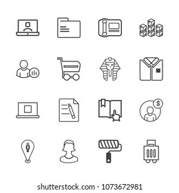 Premium outline set of icons containing storage, bag, status, stationary, brush, travel, financial, roll, money, account. Simple, modern flat vector illustration for mobile app, website or desktop app
