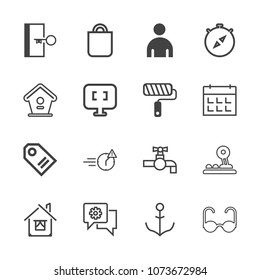 Premium outline set of icons containing button, people, business, night, sign, mobile, tap, chat, man, estate, home, tag. Simple, modern flat vector illustration for mobile app, website or desktop app