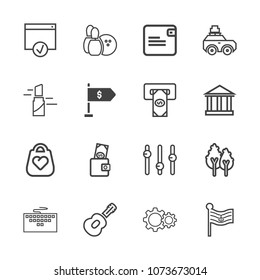 Premium outline set of icons containing computer, musical, work, guitar, nation, bowling, red, white, forest, landscape. Simple, modern flat vector illustration for mobile app, website or desktop app