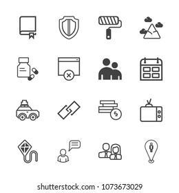 Premium outline set of icons containing study, brush, worker, cash, travel, screen, protection, security, car, sky, book. Simple, modern flat vector illustration for mobile app, website or desktop app