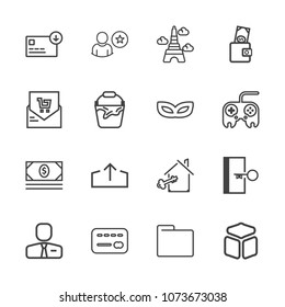Premium outline set of icons containing escape, profile, home, sign, bank, employee, download, balance, square, people. Simple, modern flat vector illustration for mobile app, website or desktop app