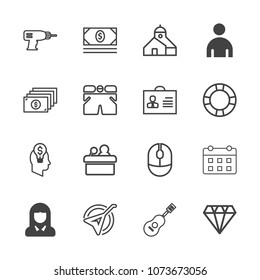 Premium outline set of icons containing schedule, click, drill, machine, crystal, hand, building, business, construction. Simple, modern flat vector illustration for mobile app, website or desktop app