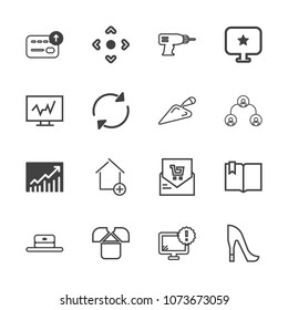 Premium outline set of icons containing desktop, hand, arrow, finance, open, shoe, hat, equipment, drill, click, book. Simple, modern flat vector illustration for mobile app, website or desktop app