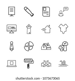 Premium outline set of icons containing wood, home, festival, roll, bat, edible, food, male, nature, party, house, pool. Simple, modern flat vector illustration for mobile app, website or desktop app