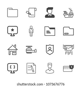 Premium outline set of icons containing architecture, document, computer, coin, folder, sea, house, paper, air, list, pc. Simple, modern flat vector illustration for mobile app, website or desktop app