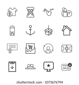 Premium outline set of icons containing download, refresh, business, jazz, clock, star, sport, list, money, finance, hat. Simple, modern flat vector illustration for mobile app, website or desktop app